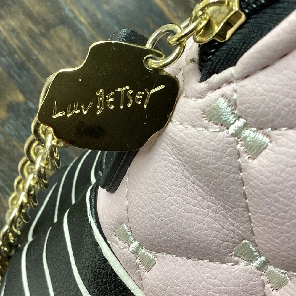 Betsey Johnson Pink and Black Quilted Satchel with Stripe Detail